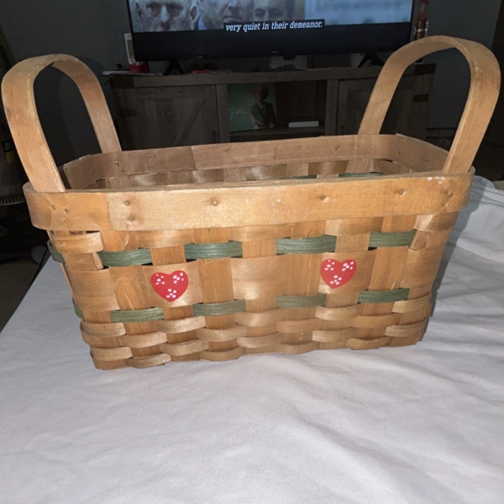 Woven Wood Basket with Green Accents and Red Polka Dot Hearts Farmhouse Decor
